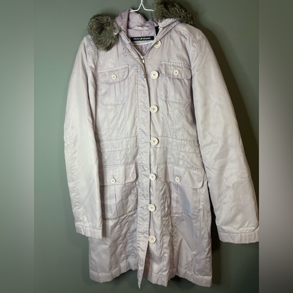 DKNY Jeans Faux Fur Hooded Parka Coat Lilac Blush Women’s Large Winter Jacket - Picture 6 of 10
